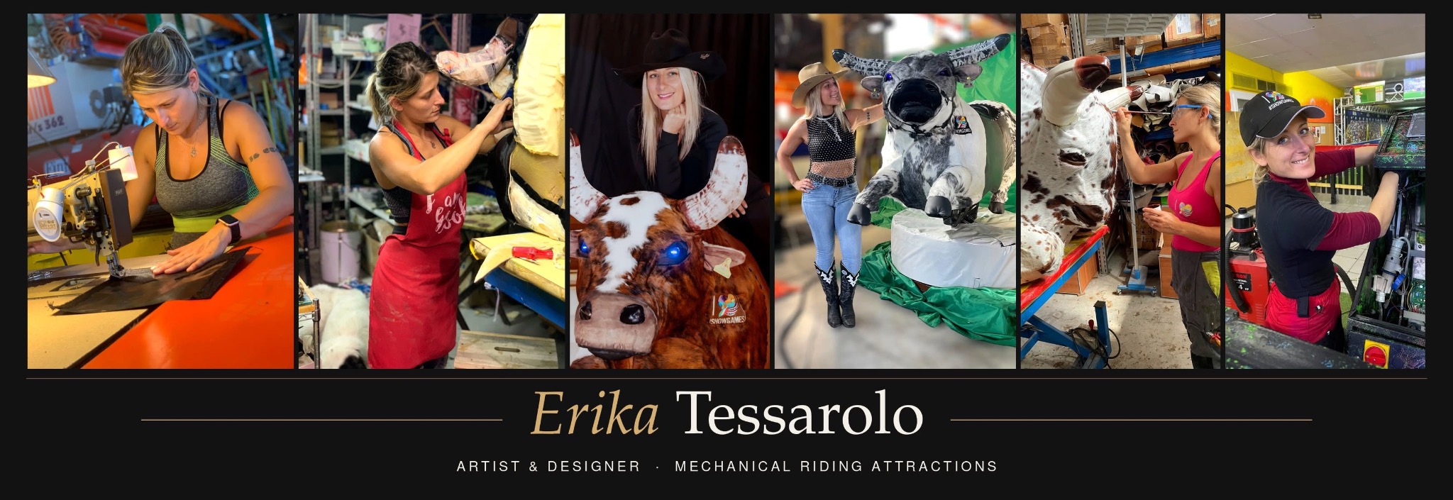 Erika Tessarolo, artista e designer: cucito, scultura, pittura e assemblaggio di attrazioni meccaniche.