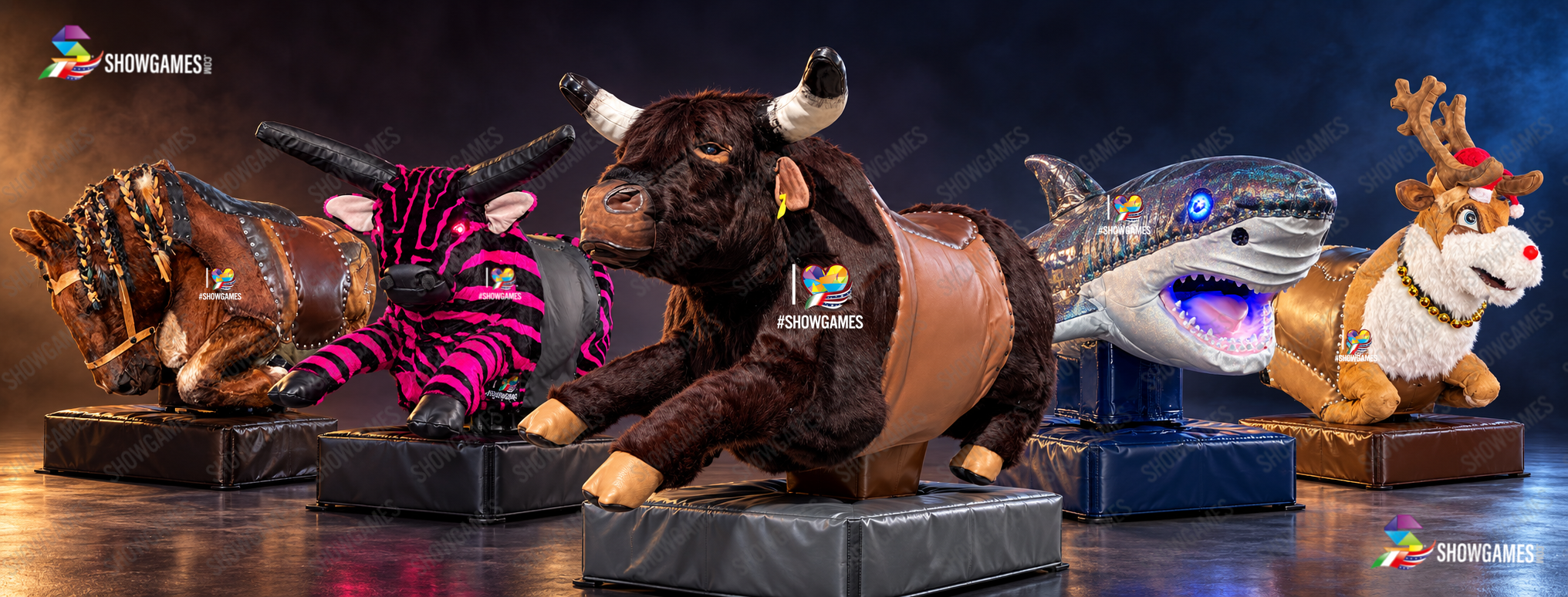Creazioni ShowGames di Erika Tessarolo: cavallo, toro rosa, bisonte, squalo e renna.